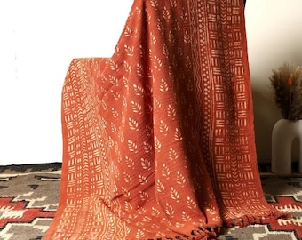 Vintage Handwoven throw blankets crafted from Orange color, sofa throw for Livingroom, lightweight bed cover, Orange Striped Cotton Throw