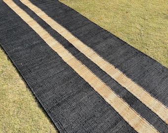 Handmade Jute Runner Rug: Black Natural Dndi Vintage Hemp Jute Runner,Hallway Jute Runner, Entery- Kitchen Jute Runner