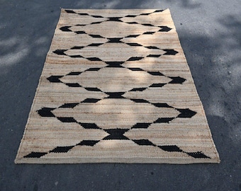Natural Black Stripes Jute Rug Jute Rug Bohemian Jute Rug Rectangular Jute Rug, Black Stripes Eco Friendly Natural Fiber Jute Carpet
