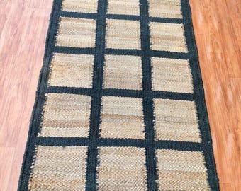 Handwoven Jute Runner Rug, Black Grid Pattern, Natural Fiber Hallway Runner, Rustic Farmhouse Boho Decor Custom Jute Runner Rug