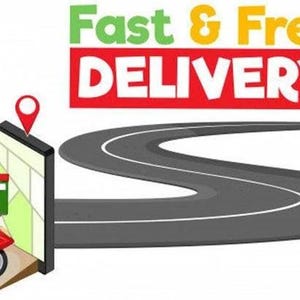 May include: A red scooter with a delivery driver on it, driving on a winding road. The text "Fast & Free DELIVERY" is above the road. There are two red location markers on the road.