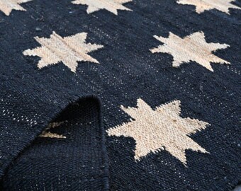 Handwoven Black Natural Star Hemp Jute Rug, Hallway Area Natural Fiber Jute Runner Rug, Handmade Jute Rug For Livingroom