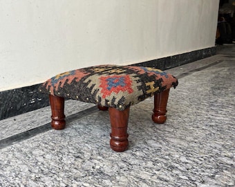 Authentic Kilim Ottoman, Vintage Turkish Rug Footstool, Handmade Wool Pouf, Boho Chic Bench, Tribal Pattern Dressing Table Stool-Unique Gift