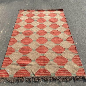 Vintage Wool Jute Kilim Rug Handwoven Wool And Jute Rug, Handmade Kilim Dhurrie Rug Traditional Indian Jute Area Rug, Bohemian Wool Jute Rug