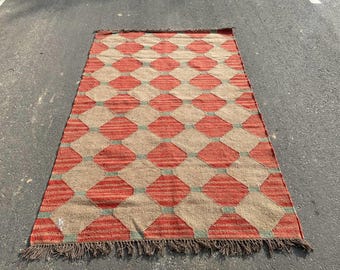 Vintage Style Wool Jute Kilim Rug, Handwoven Indian Dhurrie, Bohemian Geometric Area Rug, Custom Size