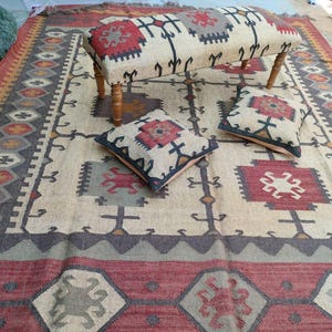 May include: A beige and brown patterned rug with a red, white, and black patterned bench and two matching pillows. The rug has a geometric design with a central medallion.