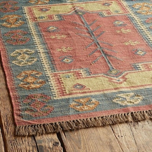 Handmade Large Kilim Rug, Handwoven, Wool and Jute Rug Handmade, Kilim Dhurrie Rug, Motifs, Oriental, Traditional Indian, Geometric, Turkish