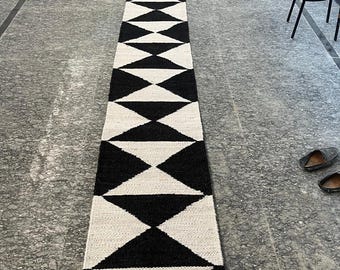 Handmade Black and White Jute Runner Rug: Rustic Hemp Stair Rug