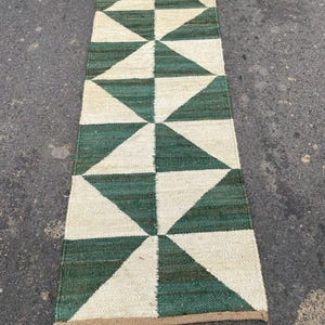 Handmade 2.6x12 Ft Natural Hemp Jute Runner Rug For Stair\Hallway Decor, HANDLOOM Green And White Bedside Runner, Custom Size Large jute Rug
