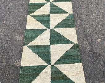 Handwoven Hemp Jute Runner Rug: Green & White Hallway Decor