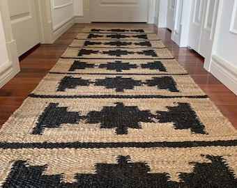 Natural Black Jute Runner, Handwoven Hallway Jute Runner, Stairs Runner Hemp Jute Runner, Boho Custom Size Jute Runner, 2x20 Ft Jute Runner