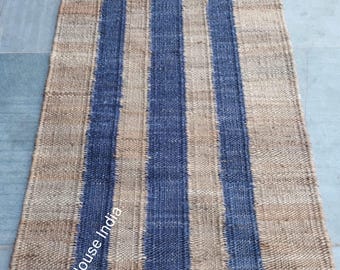 Blue Stripes Hemp Jute Runner - Jute Runner For Hallway/Stair Decor - 2.6x22 Ft Hallway Runner, Natural Fib er Eco Friendly Natural Jute Rug
