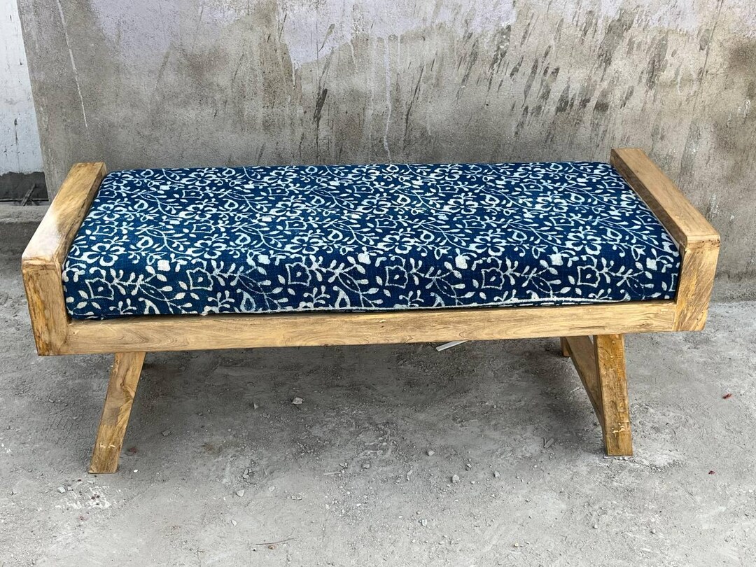 Boho Wooden Bench With Printed Cushion, Kilim Upholstered Bench ...