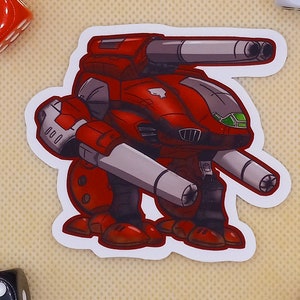 May include: A red and gray cartoon robot with a large cannon on top and two smaller cannons on the sides. The robot has a black eye and a green light on its head.