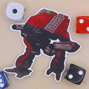 May include: A red and black mech robot sticker with a white background. The robot has a large gun and is in a walking pose.