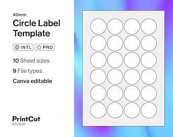 Circle Template - 40mm | A4, A5, A6 Blank Circle Label Sticker Sheet Cut File | Canva Editable, SVG, DXF, EPS, Pdf, Ai, Psd, Png