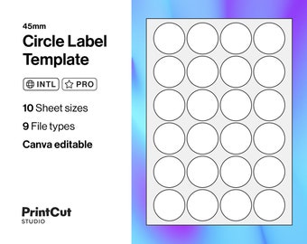 Circle Template - 45mm | A4, A5, A6 Blank Circle Label Sticker Sheet Cut File | Canva Editable, SVG, DXF, EPS, Pdf, Ai, Psd, Png