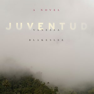 Może przedstawiać: Okładka książki z tytułem "JUVENTUD" w białym kolorze na tle mglistym i zamglonym. Imię autora, "VANESSA BLAKESLEE", jest napisane mniejszym białym tekstem pod tytułem. Okładka przedstawia bujny zielony las z wysokimi palmami w oddali.