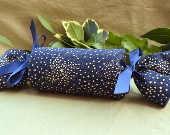 Reusable Christmas Crackers Fabric Sustainable Eco Friendly Navy Blue Gold stars gold