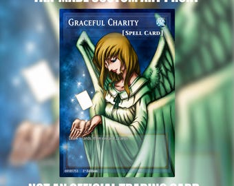 May include: A fan-made custom art proxy trading card titled Graceful Charity, a spell card featuring a blonde angel with large wings against a blue starry background. The text reads: FAN-MADE CUSTOM ART PROXY, NOT AN OFFICIAL TRADING CARD.