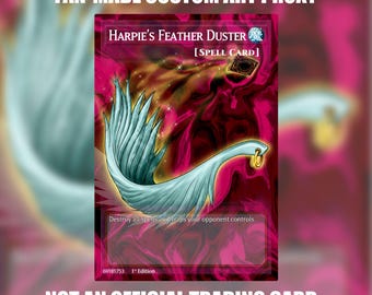 May include: A rectangular trading card featuring a fan-made custom art proxy of Harpie's Feather Duster. The card has a vibrant magenta and black marbled background, a light blue feather illustration, and text reading Destroy all Spells and traps.