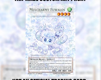 May include: A fan-made custom art proxy trading card titled Mulcharmy Fuwalos, featuring a light blue and white color palette with bubble motifs. The card displays a central creature, four red stars, text, and the ATK/DEF stats of 100/600.
