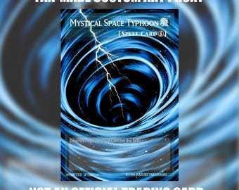 May include: A rectangular trading card featuring a blue swirling vortex illustration with a white lightning bolt. The text reads Mystical Space Typhoon, Spell Card, Destroy 1 Spell or Trap Card on the field, 69181753, 1st Edition, and 1996 Kazuki Takahashi.
