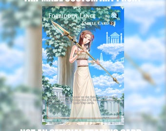May include: A fan-made custom art proxy trading card titled Forbidden Lance. The card features an illustration of a person in a white dress holding a long spear, set against a background of stone pillars and ivy. Text includes Spell Card.