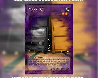 May include: A fan-made custom art proxy trading card titled Maxx C, featuring an Earth attribute symbol, two orange stars, and an illustration of a black media console next to a yellow filing cabinet, with insect effect text and 500 ATK/200 DEF.