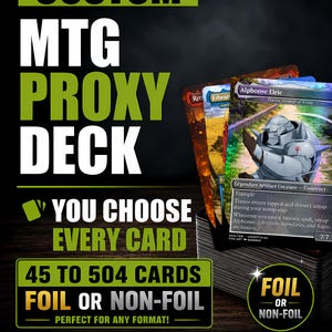 Peut inclure: Un jeu de cartes proxy MTG personnalisé avec une pile de cartes illustrées style anime, dont Alphonse Elric. Le texte indique CUSTOM MTG PROXY DECK, YOU CHOOSE EVERY CARD, 45 TO 504 CARDS, FOIL OR NON-FOIL, PREMIUM 300GSM CARDSTOCK, NO CARD BACKS, PLAYTEST PROXIES et UNOFFICIAL PROXY CARDS - FOR PLAYTEST USE ONLY.
