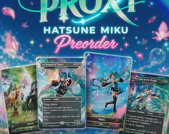 May include: Four collectible trading cards featuring Hatsune Miku artwork, displayed under text reading Sharp Proxy Hatsune Miku Preorder. The cards include Forest, Archangel of Tunes, Plains, and Miku, Song of the People, with 300gsm cardstock text below.