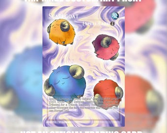 May include: A fan-made custom art proxy trading card titled Scapegoat, featuring four round, fluffy sheep creatures in orange, pink, blue, and red colors against a swirling purple background. The card includes text describing spell card effects.