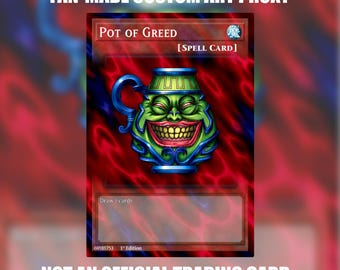May include: A custom trading card featuring the Pot of Greed with a green, smiling face on a red and black background. The card text reads Fan-Made Custom Art Proxy, Pot of Greed, Spell Card, Draw 2 cards, 69181753, 1st Edition, Not an official trading card.