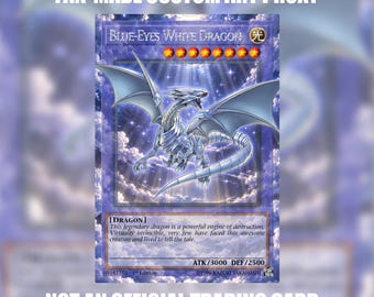 May include: A fan-made custom art proxy trading card featuring the Blue-Eyes White Dragon. The card displays a light-colored dragon with spread wings against a cloudy sky background, with the text FAN-MADE CUSTOM ART PROXY and NOT AN OFFICIAL TRADING CARD.