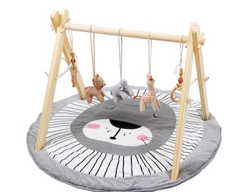 Baby Play Gym Activity Center Natural Color Handmade Wooden Play Gym with 5 Hanging Toys Montessori Toy Safari Themed Nursery Toys