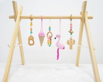 Montessori-Inspired Handmade Wooden Baby Activity Center with 5 Hanging Toys: Eco-Friendly, Educational Play Gym with Handmade Toys