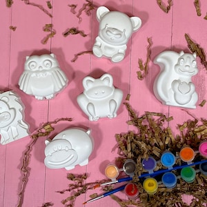 Puede incluir: Un conjunto de seis figuritas de animales de cerámica sin pintar, que incluyen un león, un búho, una rana, un oso, una ardilla y un hipopótamo. Las figuritas están dispuestas sobre una superficie rosa con virutas de papel marrón. También se incluye un juego de pinceles y una paleta de colores de pintura.