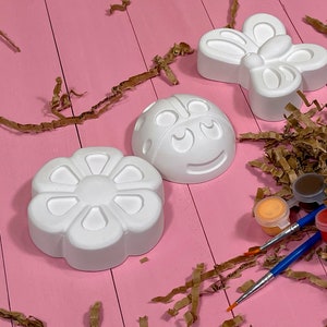 May include: A craft kit with three unpainted ceramic shapes: a flower, a ladybug, and a butterfly. Paint pots in various colors and two paintbrushes are included. The items are arranged on a pink wooden surface.