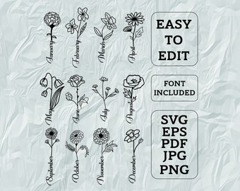 Kwiaty miesiąca urodzenia Svg, kwiaty polne Svg, kwiat urodzinowy, clipart kwiatowy, botaniczny Svg, kwiatowy Svg, edytowalny pakiet kwiatów, botaniczny Svg
