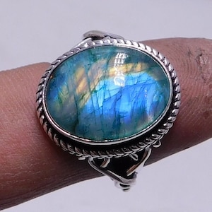 Green Rainbow Moonstone Ring: Blue Flash Sterling Silver Jewelry