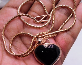 Heart Black Onyx Copper Pendant, Copper Necklace ,Solid Copper Snake Chain , Natural Gemstone Copper Jewelry, Thick snake Necklace