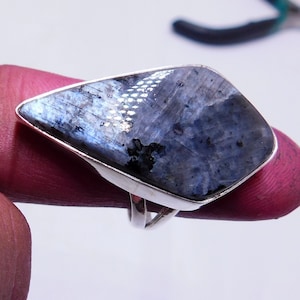 Larvikite Ring| Large  Larvikite Black Grey  Silver Ring | Black Moonstone Ring | Feldspar Ring| kite Shape Ring/ 9 GM/ FREE SHIPPING