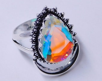Aurora Brazilian Mystic Topaz Ring, Topaz Gemstone Ring, Sterling Silver Ring, crescent Mystic Topaz Jewelry, Rainbow Moon Topaz Ring