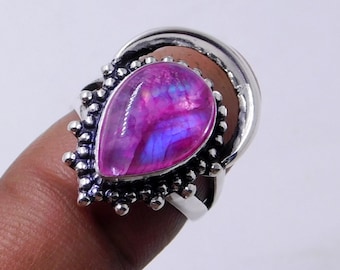 Pink Rainbow Moonstone Ring: Sterling Silver Crescent Moon Design