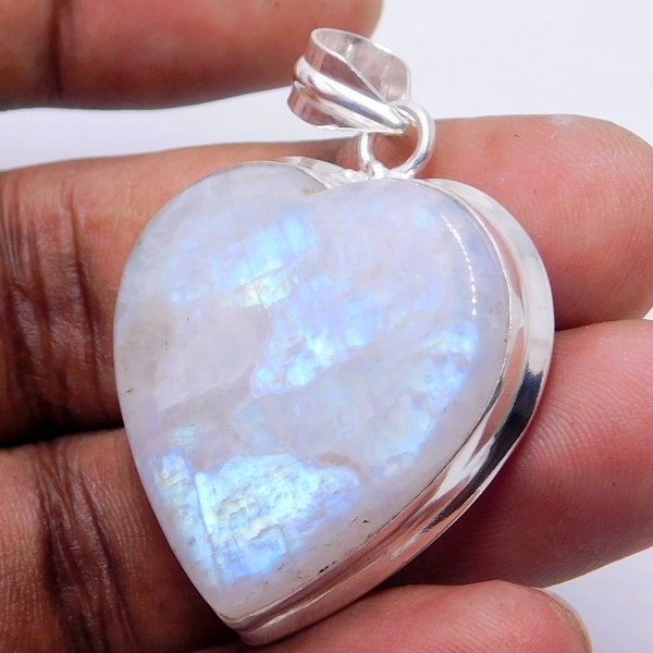 Heart Rainbow moon stone pendant-Natural Moonstone Sterling Silver pendant-Rainbow moon Jewelry- Wedding Boho Pendant christmas Gift