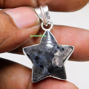 Larvikite Pendant, Star Shape Pedant, Natural Grey Stone Star Pendant ,Black Moonstone Pendant handmade Silver Jewelry
