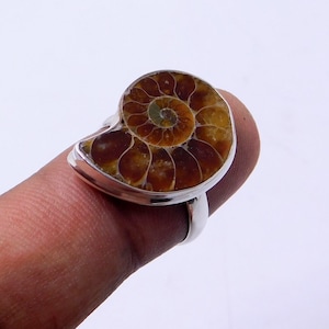 Ammonite Fossil and Sterling Silver Ring, Fossilized Ammonite Ring, Natural Fossil Ring, 925 Silver Ring, Statement Ring,Free Shipment