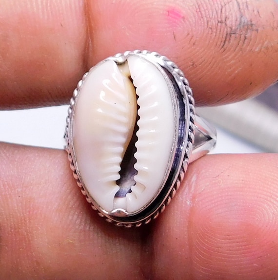 Cowrie Shell Sterling Silver Ring: Natural Sea Shell Jewelry