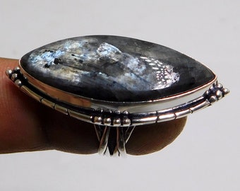 Marquise Larvikite Sterling Silver Ring: Black Moonstone Feldspar