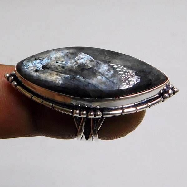 Marquise Stunning Unique Larvikite Ring| Large Larvikite Black Grey  Silver Ring | Black Moonstone Ring | Feldspar Ring|